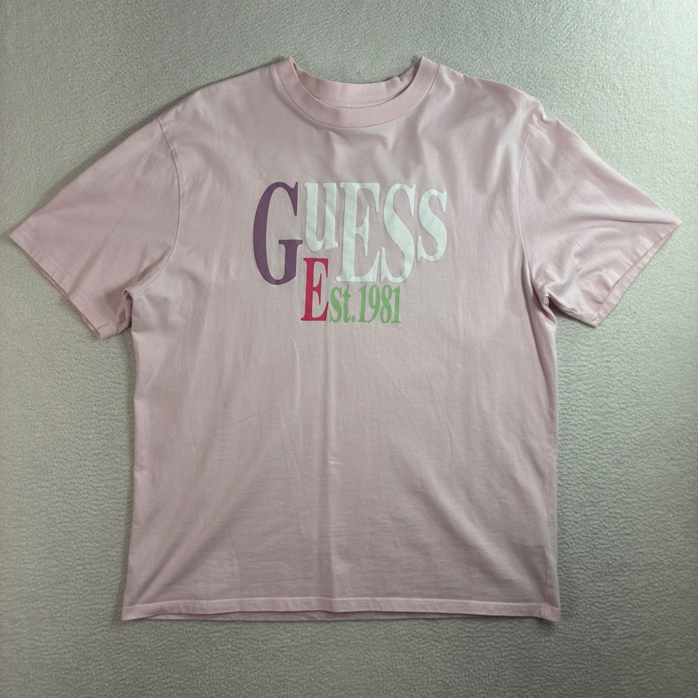 Vintage Guess T Shirt Mens Medium Pink Spellout American Tradition Originals Y2K - Picture 1 of 9